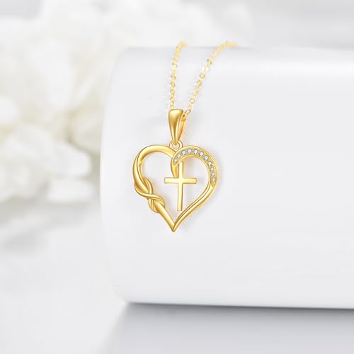 ELFRONT 14K Gold Cross Necklace for Women 14K Solid Yellow Gold Cross Heart Pendant Necklace Gold Women Infinity Cross Religious Jewelry3