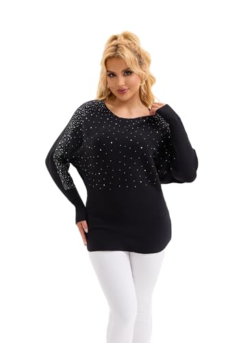 Froggirl Women’s Batwing Sleeve Rhinestone Pullover Sweater Ribbed Knit Tunic Top, Loose Fit – Elegant Sparkle Sweater3