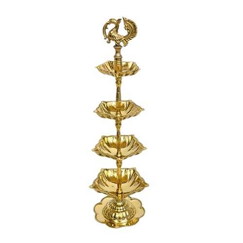 Image of Handcrafted Double Brass Diya with Peacock Design | Traditional Brass Oil Lamp for Puja, Temple & Home Decoration | Antique Finish Deepak for Festivals (Quadruple)