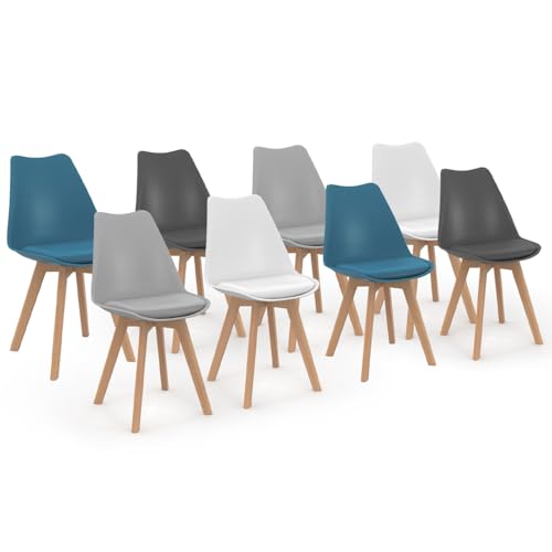 IDMarket - Lot de 8 chaises scandinaves SARA Mix Color Blanc x2, Gris Clair x2, Gris foncé x2, Bleu Canard x2