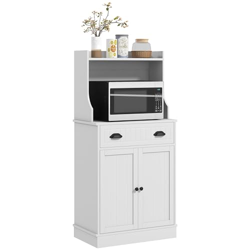 HOMCOM Microwave Cabinet with Storage Drawer, Double Door Cabinet and Adjustable Shelf, Buffet with Hutch and Cable Hole, Storage Cabinet for Kitchen, Dining Room, Living Room, White