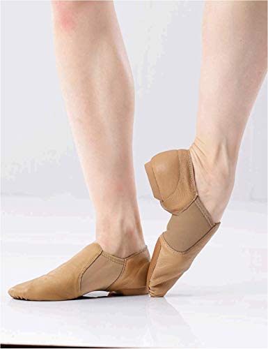 Tan Girls Jazz Shoes Leather Dance Shoes Slip-On Inserted With Neoprene (4 Big Kid) #TOP2