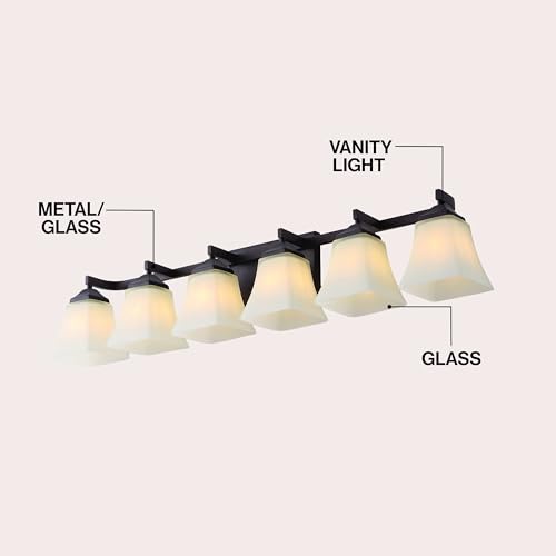 Image of JONATHAN Y 39.5 inch Oil Rubbed Bronze White 6-Light Metal Glass Rectangular Vanity Light Wall Sconce Traditional Transitional for Bathroom with Frosted Glass Shade Damp Rated LED Bulbs Included JYL7623A