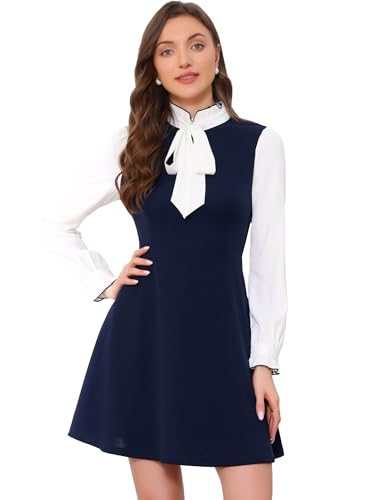 Image of Allegra K Tie Neck Dresses for Women's 1960s Vintage Long Sleeve Contrast Color Dress