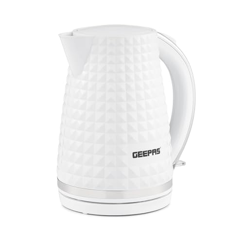 GEEPAS Argyle 1.7L Cordless Electric Kettle | Textured Kettle with 360° Rotational Base & Concealed Heating | Auto Shut Off Boil Dry Sensor | Space Saving Cord Storage and LED Indicator | 2200W White