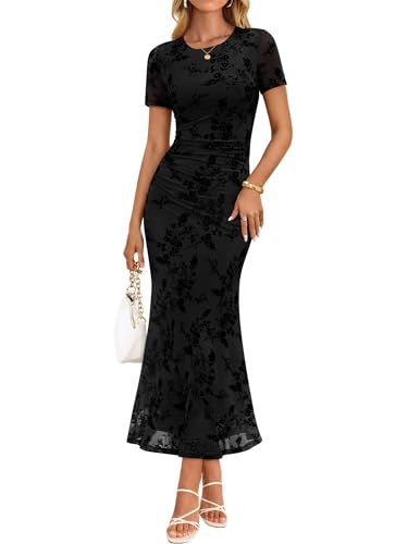 ZESICA Women's Summer Short Sleeve Floral Bodycon Dress 2026 Ruched Mesh Wedding Guest Cocktail Party Maxi Dresses Black Medium