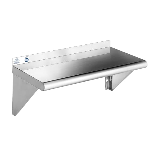ROCKPOINT Stainless Steel Shelf 12 x 24 Inches 250lb, NSF Metal Commercial Shelves Wall Mount Floating Shelving with Backsplash for Restaurant, Kitchen, Home and Hotel, Silver