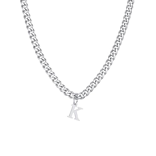 Skcess Collier Pendentif Acier Inoxydable Chaîne, Pendentif Bijoux Argent Collier Pendentif Lettre K Homme Pendentif Collier, 50CM
