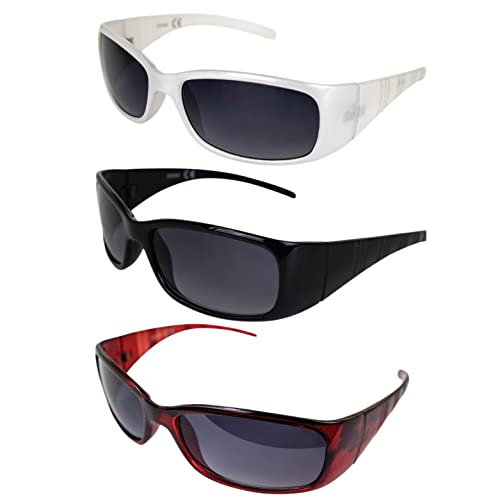AlterImage Boardwalk Fashion Motorcycle Retro Sunglasses for Men or Women 3 Pair Wraparound Red Black & White Frames w/Gradient Smoke Lenses