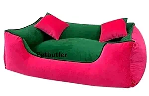 Petbutler Luxurious and Durable Velvet Touch Soft Dual Colour Square Shape Dog/Cat Bed(Pink-Green with 1 Pilow) Size-Small