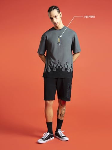 Image of Bewakoof Men's Printed Grey Round Neck Half Sleeve Loose Fit T-Shirt