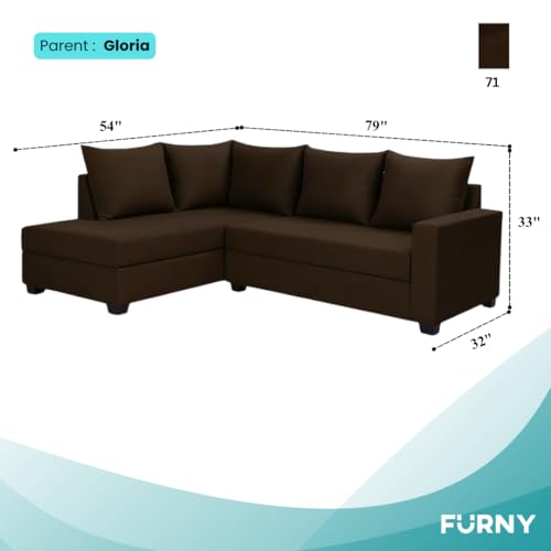Image of FURNY Gloria 4 Seater Fabric LHS L Shape Sofa Set (Dark Brown) Premium Velvet Finish | Durable Comfort | Ideal for Living Room