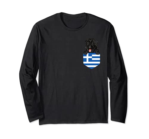 Greece Flag Bouvier des Flandres Dog In Pocket Long Sleeve T-Shirt, Black