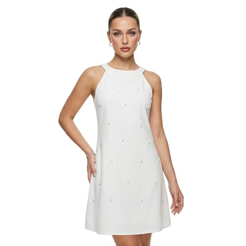 Beimuc M White Mixed Pearl Women Summer Sleeveless Halter Neck Dresses 2026 Casual Floral Print Sun Dress for Party Beach Vacation