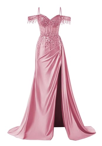 Off Shoulder Satin Prom Dresses 2026 Mermaid Beaded Formal Dresses Corset Sequin Evening Gown with Slit Dusty Pink Size 14