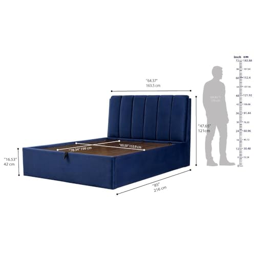 Image of Wakefit Bed | Queen (78 X 60) Solid Wood Bed, Upholstered, Hydraulic, 3 Year Warranty - Antho - Velvet Blue