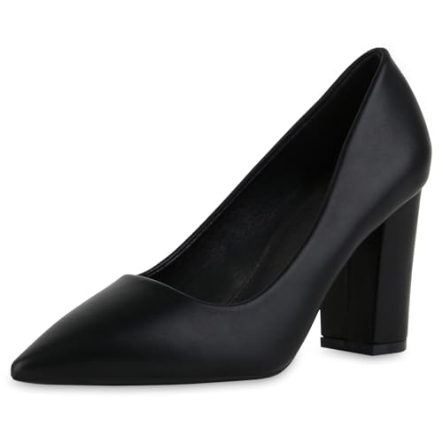 VAN HILL Damen Klassische Pumps Blockabsatz Basic Klassisch Schuhe 216727 Schwarz 40