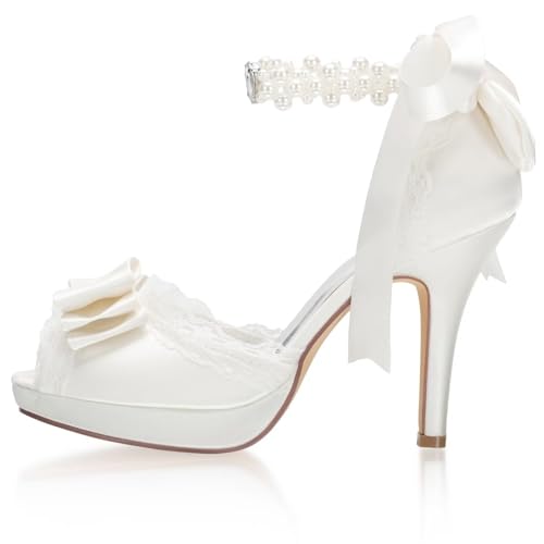 Emily Bridal 521-11 Wedding Shoes Lace Flowers peep Toe Rhinestone Ankle Strap high Heel Bridal Shoes2