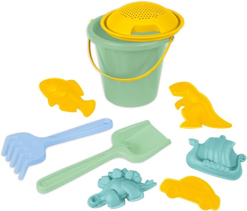 LENA® Sandspielset 9-teilig – Eimer Ø 18 cm (2 L), Sieb, Schaufel, Rechen & 5 Förmchen – farbig Sortiert – ab 12 Monate – TÜV Zertifiziert – Made in Europe