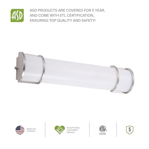 Image of ASD LED 30 inch Vanity Flush Mount Light Fixture, Linear Bathroom Lighting Bar | 3CCT, Dimmable, Energy Star, ETL Listed | 28W 2425LM 3000-5000K 120V | Long Bath Wall Sconce Over Mirror | Nickel, 4 Pack