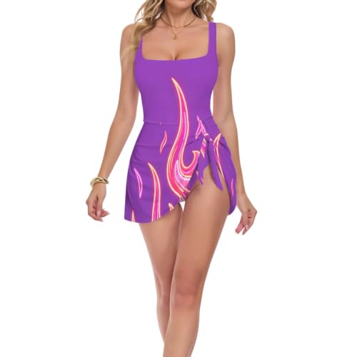 Maillot de bain gainant pour femme avec jupe amovible robe para playa violet flammes natation