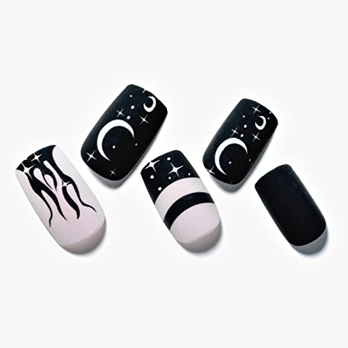 Press on Nails Medium Short Square GLAMERMAID, Pink Black Goth Fake Nails with Design Flame Moon Acrylic False Nail Kits Stick Glue on Nails Sets for Women Reusable Full Cover Gel Nails 24Pcs, White