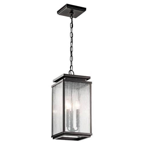 Image of Kichler Manningham 3-Light Outdoor Pendant Light Fixture with Clear Seeded Glass in Olde Bronze, Hanging Ceiling Light for Porch, Patio, or Entryway (8.5 inch x 19 inch), 49387OZ