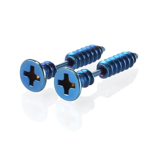 Punk Titanium Steel Screw Nail Stud Earrings for Women Men Streetwear Jewelry, Egirl Eboy Rock Party Jewelry (Blue)