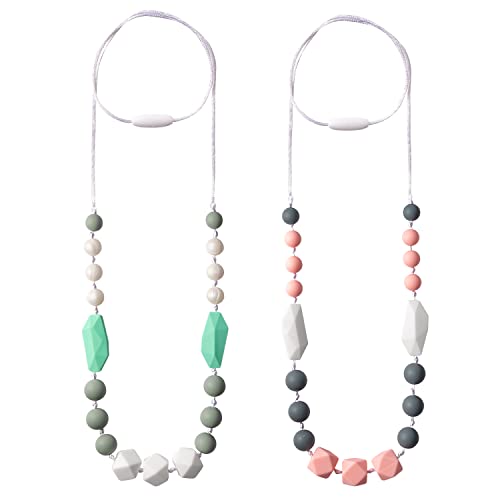 Image of 6sisc 2PCS Baby Teething Necklace for Mom to Wear, Babies Nursing Necklaces Teether Toys Sensory Jewelry for Kids Adults Baby Shower Birthday Christmas New Year Gift (Pink, Green White)