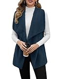 Hersuitful Women Fuzzy Fleece Vest Sleeveless Sherpa Jacket Winter Open Front Fluffy Outerwear Coats with Pockets Darkblue XL