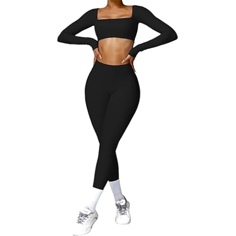 ABOCIW Workout Sets for Women 2 Piece Long Sleeve Square Neck Crop Top Scrunch Butt Lifting High Waist Leggings Gym Sets Z-Black Small Cover