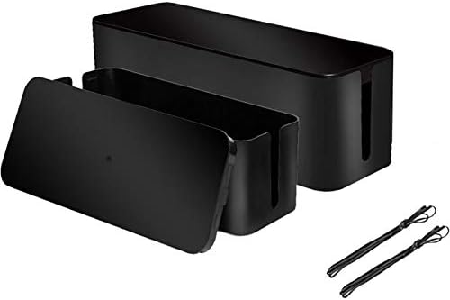 [Set of 2] 2 Cable Management Boxes + 2 Wire Ties, Large Cord Box Organizers to Hold and Hide Power Strip Charger Adapter Power Cord Charging Station USB HUB (Black)