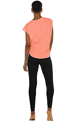 icyzone Workout T-Shirt for Women - Fitness Gym Yoga Running Exercise Cap Sleeves Tops (M, Navy/Orange)
