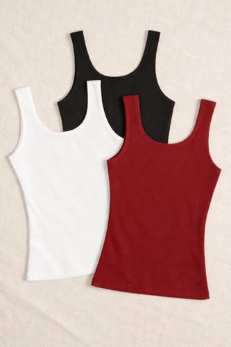 Image of Women's 1x1 Rib Cotton Stretch Tank Top Sleeveless Basic Vest Pack of 3
