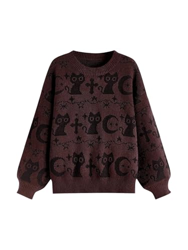Image of WDIRARA Women's Goth Cartoon Pattern Sweater Long Sleeve Crewneck Knit Pullover Top
