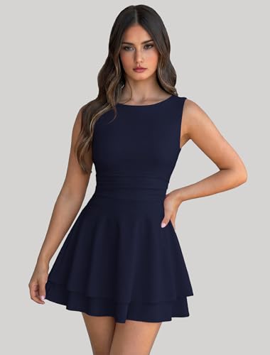 Image of IWD Women's Boat Neck Sleeveless Mini Dress Ruched Waist Flowy Tiered Ruffle Hem A Line Party Short Dresses