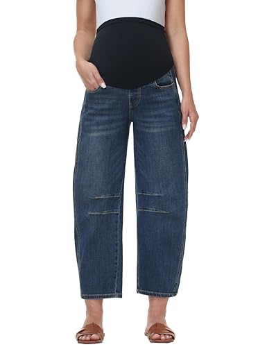 CFRTMTBB Womens Maternity Barrel Jeans Over Belly Wide Leg Baggy Jeans Stretch Loose Pregnancy Denim Pants with Pockets (Vintage Blue M)