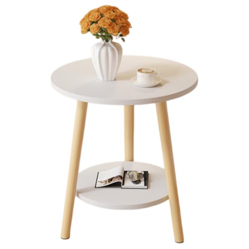 Vzck サイドテーブル ベッドテーブル 座卓 円型 ちゃぶ台 棚付 収納 丸形 スリム 軽量 木製 小型 ベッド 丸い 食卓 多機能 食事 一人暮らし 北欧 おしゃれ 携帯便利 コンパクト (ホワイト【2層】,50*72cm)
