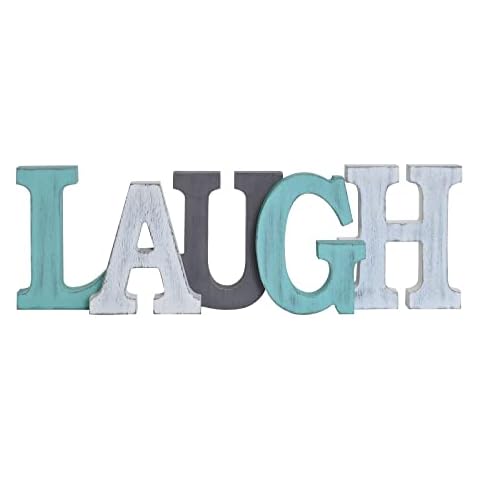Rustic Wood Laugh Sign Home Wall Decor Decorative Wooden Block Letters Sign Cutout Free Standing Teal Laugh Word Sign for Table Shelf Decor Cover