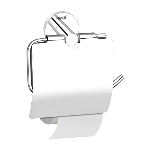 Image of Force Toilet Paper Roll Holder with Shelf - Pack of 2 - Wall Mounted Round Chrome Finish - Rustproof Stainless Steel 304 with Brass Base - Bathroom Tissue Holder - Modern, Durable & Elegant Design