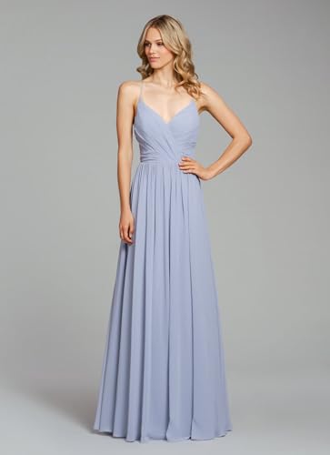 Image of LANGKAAO Women's V Neck Bridesmaid Dresses Long for Wedding A-Line Chiffon Open Back Formal Gown with Pockets