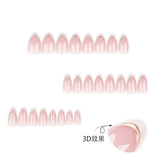 Image of White French tip Press on Nails Medium Almond Fake Nails Nude Glossy False Nail with Design 3D Gold Stripes Glue on Nails Artificial Acrylic Nail Full Cover Stick on Nail for Women Manicure 24pcs
