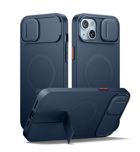 Image of SURITCH for iPhone 14 Plus /15 Plus Case with Magnetic Camera Slide Cover and Adjustable Kickstand, Compatible with MagSafe, Shockproof Bumper Case Slim Protective Cover 6.7 Inch, Blue