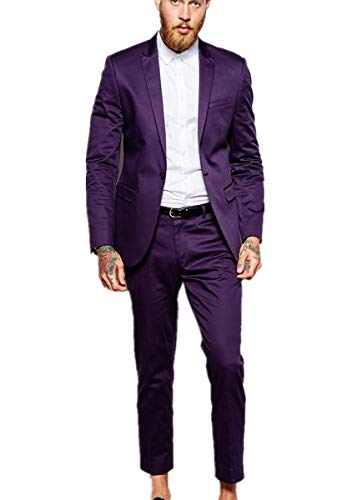 Costume 2 pièces violet slim fit pour homme avec veste col montant et pantalon de costume assorti