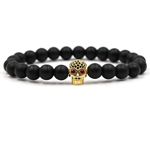 Bracelet en pierre naturelle givrée noire et crâne en zircon de luxe pour homme et femme