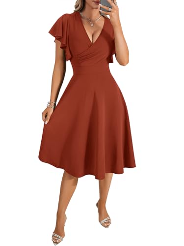 Image of LYANER Women's Warp V Neck Ruffle Short Sleeve A Line Swing Flared Cocktail Party Midi Dress