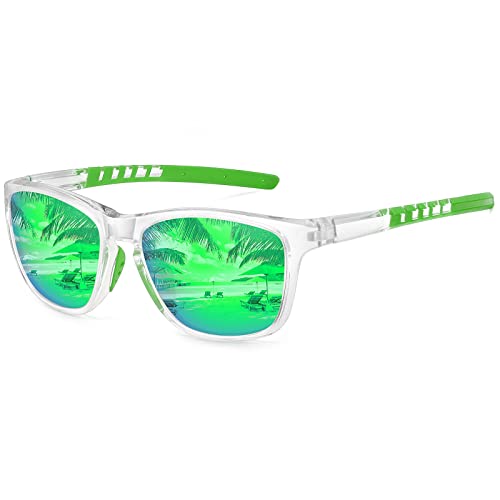 MEETSUN Polarized Sports Sunglasses for Women Men Driving Running Cycling Fishing Sun Glasses UV400 Protection, Transparent Frame-green Mirror Lens, Standard