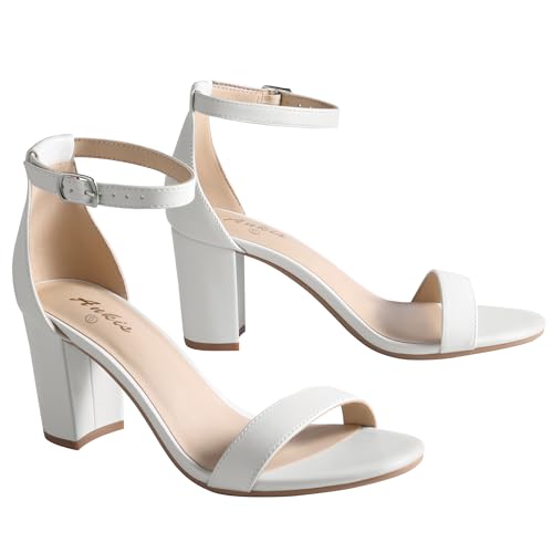 Ankis White Heels for Women - Open Toe Ankle Strap Chunky Heel Pump Sandals Party Wedding Strappy...