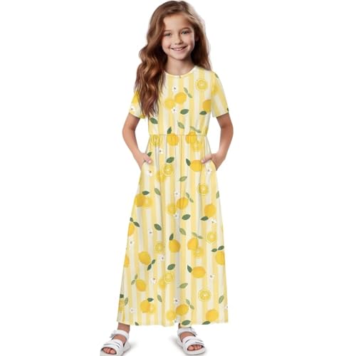 Girls Maxi Dress with Pockets Short Sleeve Swing Flowy Dress Holiday Dresses Summer Beach Sundress for 5-14 Years