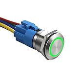 Langir 16mm Latching Push Button Switch 12V DC Stainless Steel Waterproof On Off Switch with LED & Pre-Wired Harness 1NO1NC Self-Locking(Green Light)